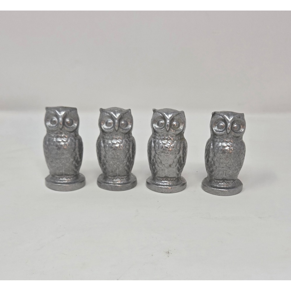 Retro Pewter Owl Figurines Set of 4 Miniature Metal Bird Decor 2.75 Inch